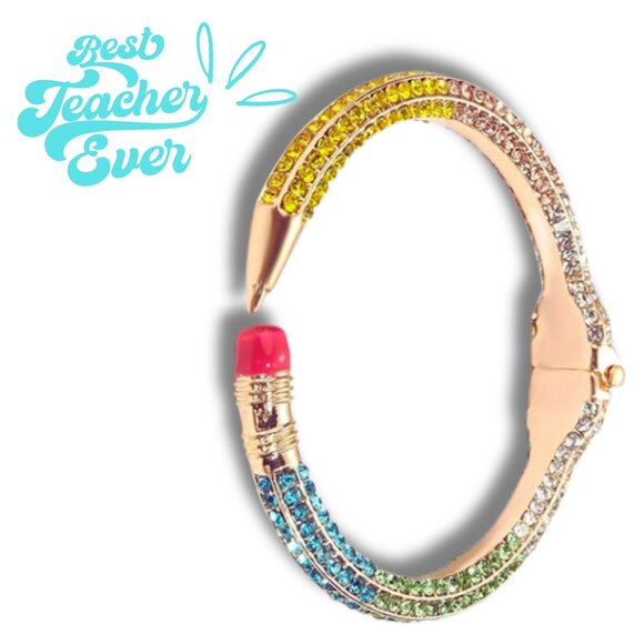 NEW Teacher Gifts Pencil School Rhinestone Gold Dipped Hinged Bangle Bracelet - Picture 1 of 5